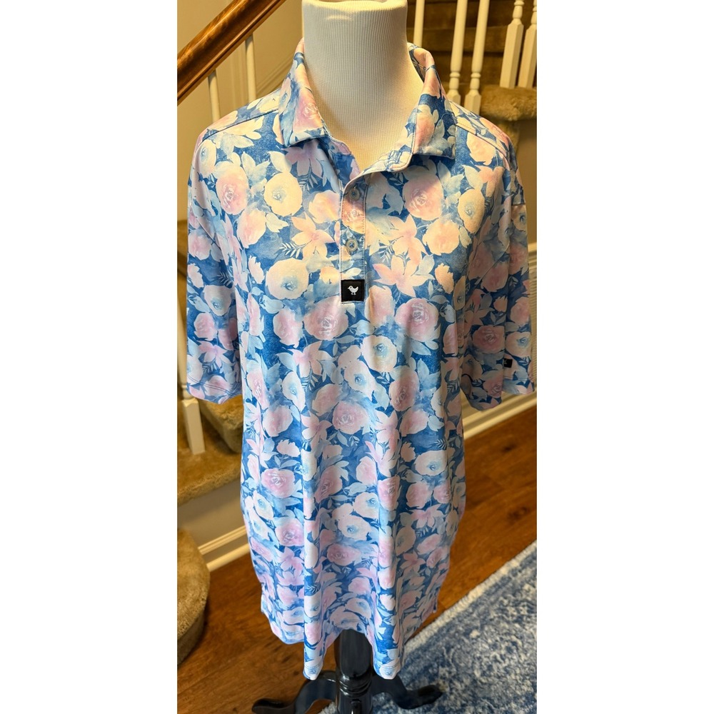 Bad Birdie Mens Large Floral Golf Polo Shirt Blue Pink Short Sleeve Performance